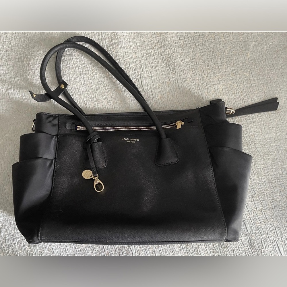 EUC $365! HENRI BENDEL BLACK LEATHER/PURPLE NYLON LARGE TOTE/DIAPER BAG-NO PAD